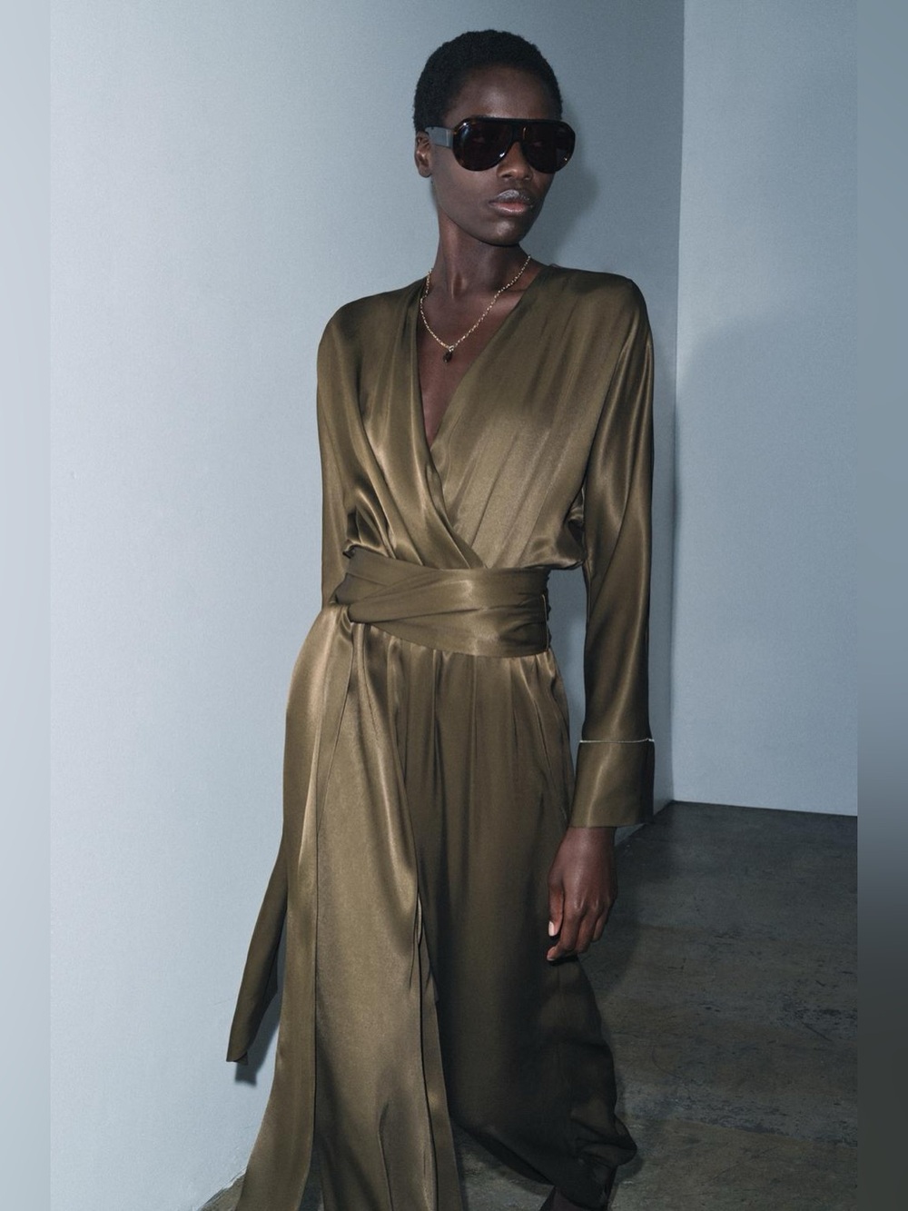 NWT. Zara ZW Collection Dark Khali Satin Effect Long Bloomer Jumpsuit. Size L. - Picture 4 of 15